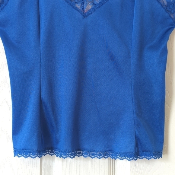 Private Pleasures 80's Vintage Union Made Lace Trim Cropped Tank Top Blue Large - Picture 6 of 10